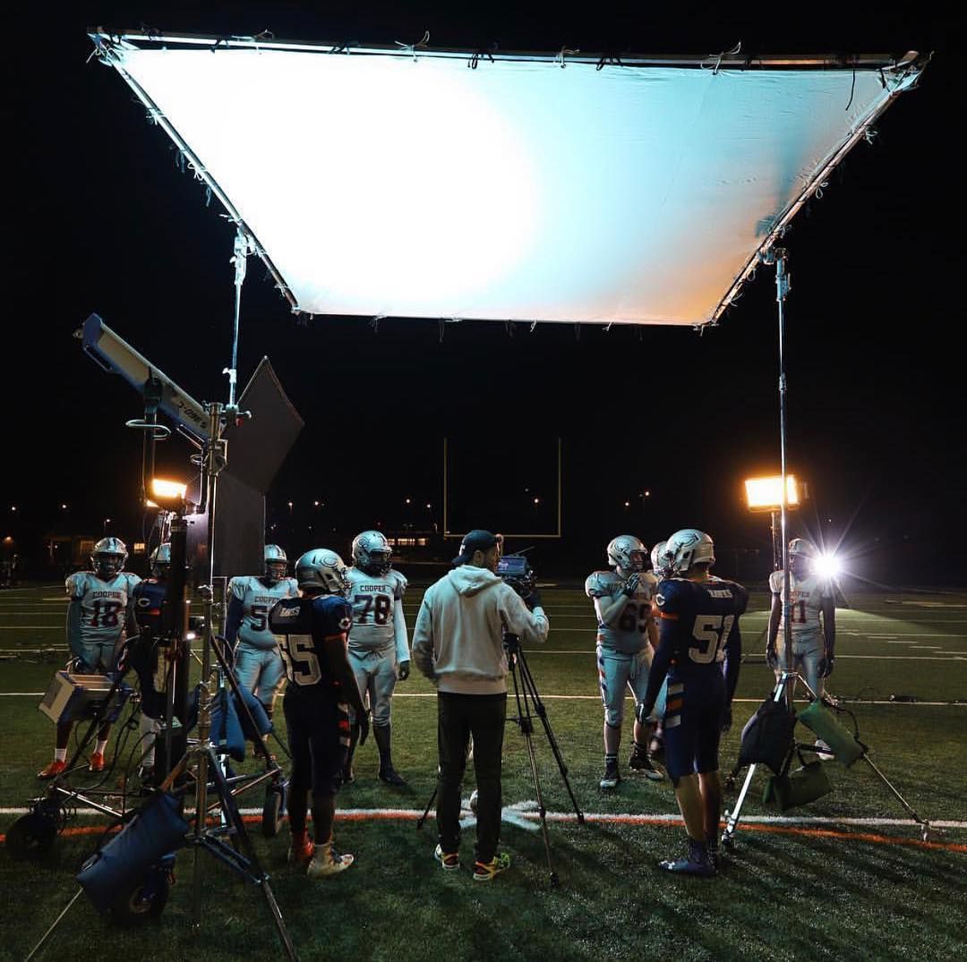 night exterior, 12x overhead with muslin, S60s and JoLekos, Cooper players and crew